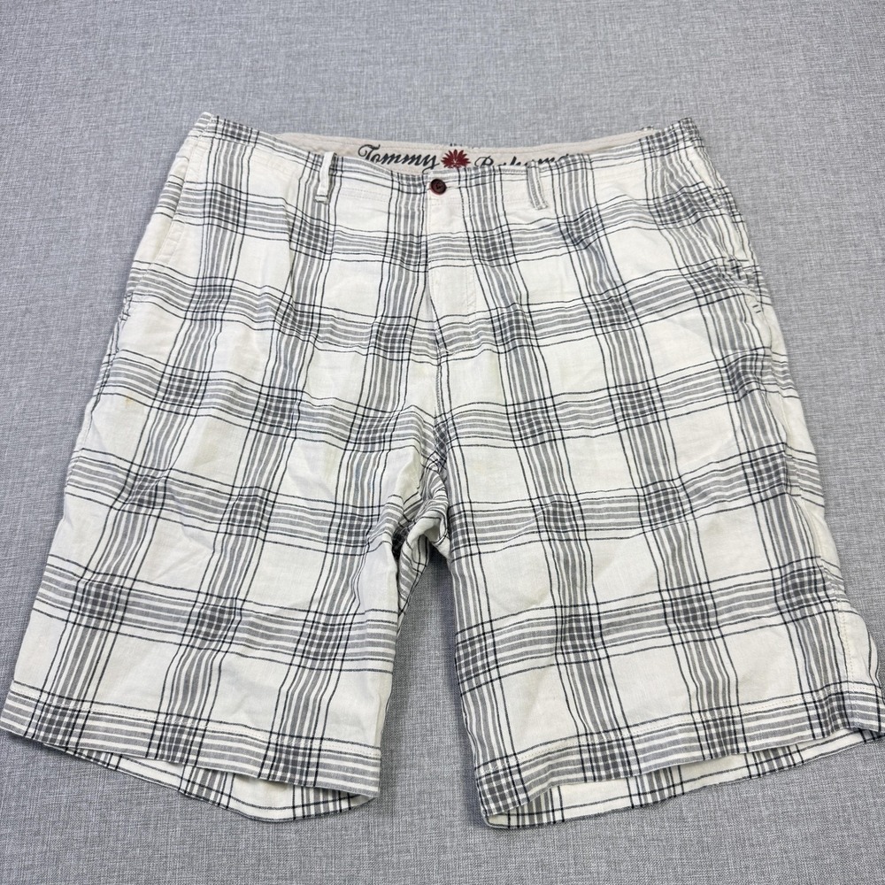Tommy Bahama Bermuda Linen Silk Shorts Mens 36 White Plaid Flat Front 10 Inseam